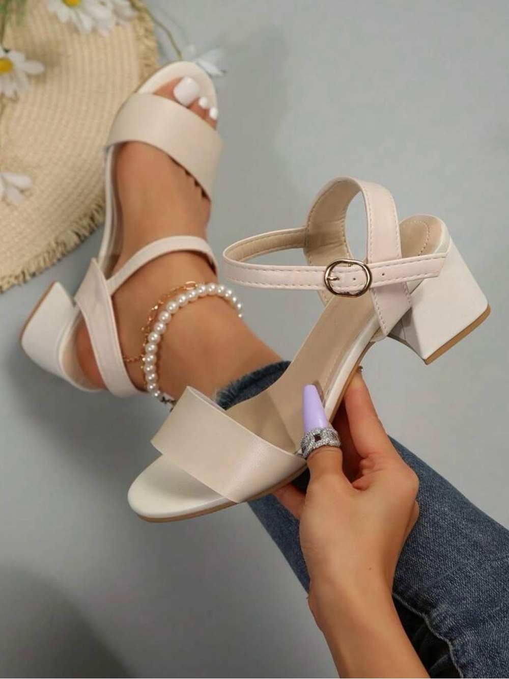 Women’s Classic Cream Block Heel Sandals with Ankle Strap, Size 10 U.S. Shein